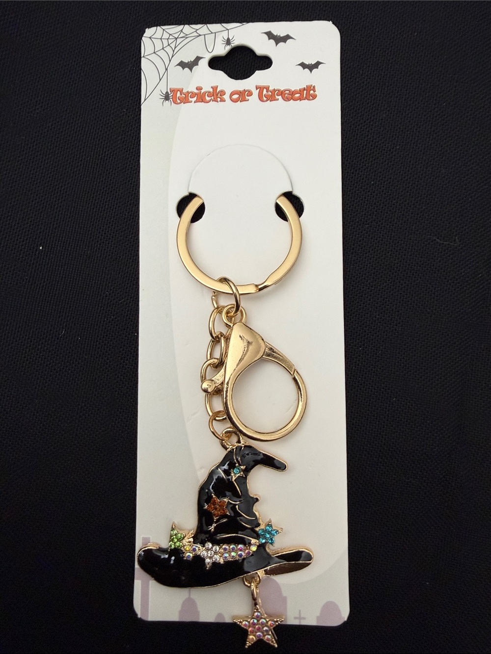 Gold-Tone Keychain with Black Enamel Witch Hat Charm